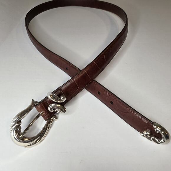 VTG Brighton Y2K Brown Croc Embossed Leather Belt 2X Ornate Scroll Buckle Silver main image 5